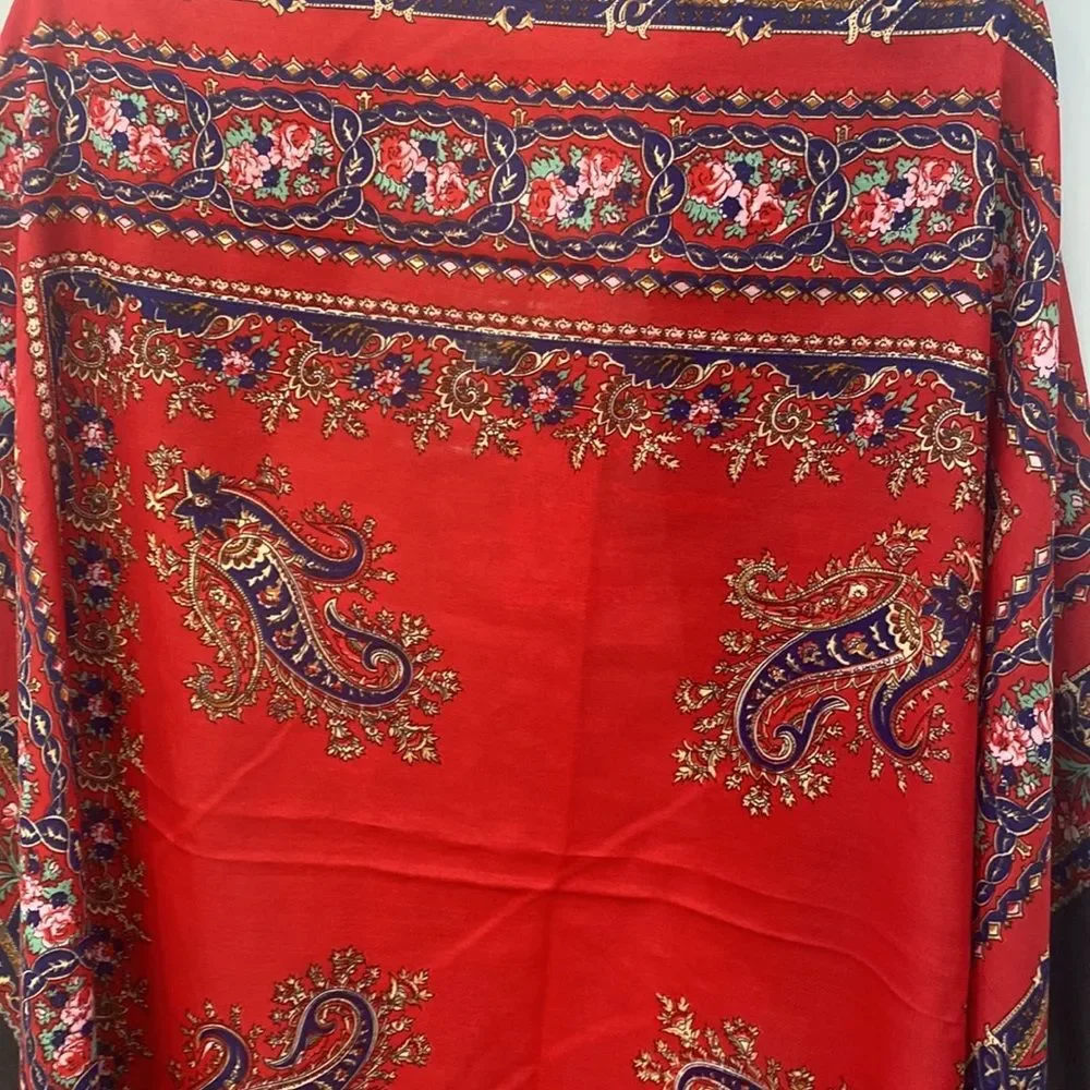 Red Black Geometric Print Fringe Scarf